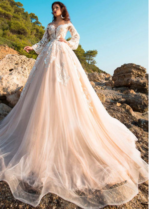 Ivory Lace Peach Tulle Wedding Dress With Horsehair Trim